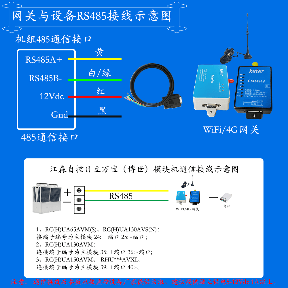 日立全变频低环境温度空气源热泵机组网关安装与接线说明图