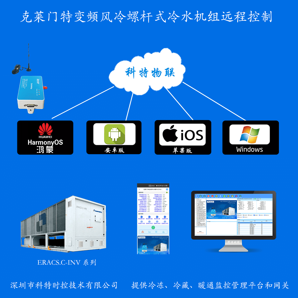克莱门特变频风冷螺杆式冷水机组手机APP+电脑集中远程控制