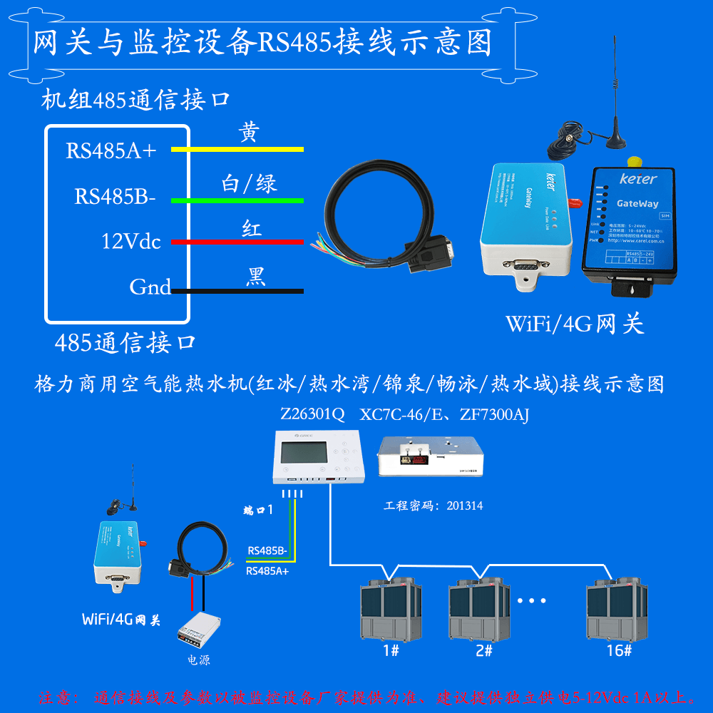 格力红冰空气能采暖热水机组网关安装与接线说明图