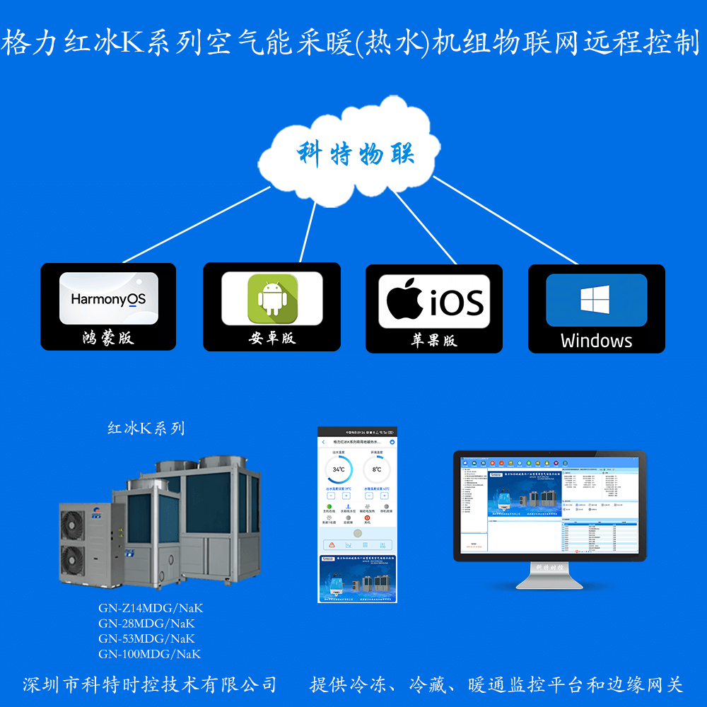 格力红冰K系列空气能地暖热水机组手机APP+电脑集中远程控制