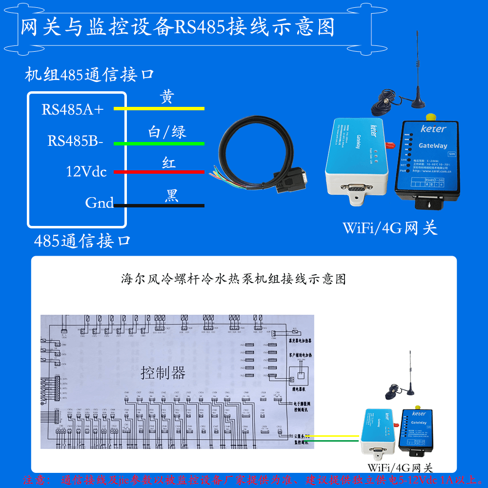 海尔风冷螺杆式冷水热泵机组手机远程控制网关安装与接线说明图