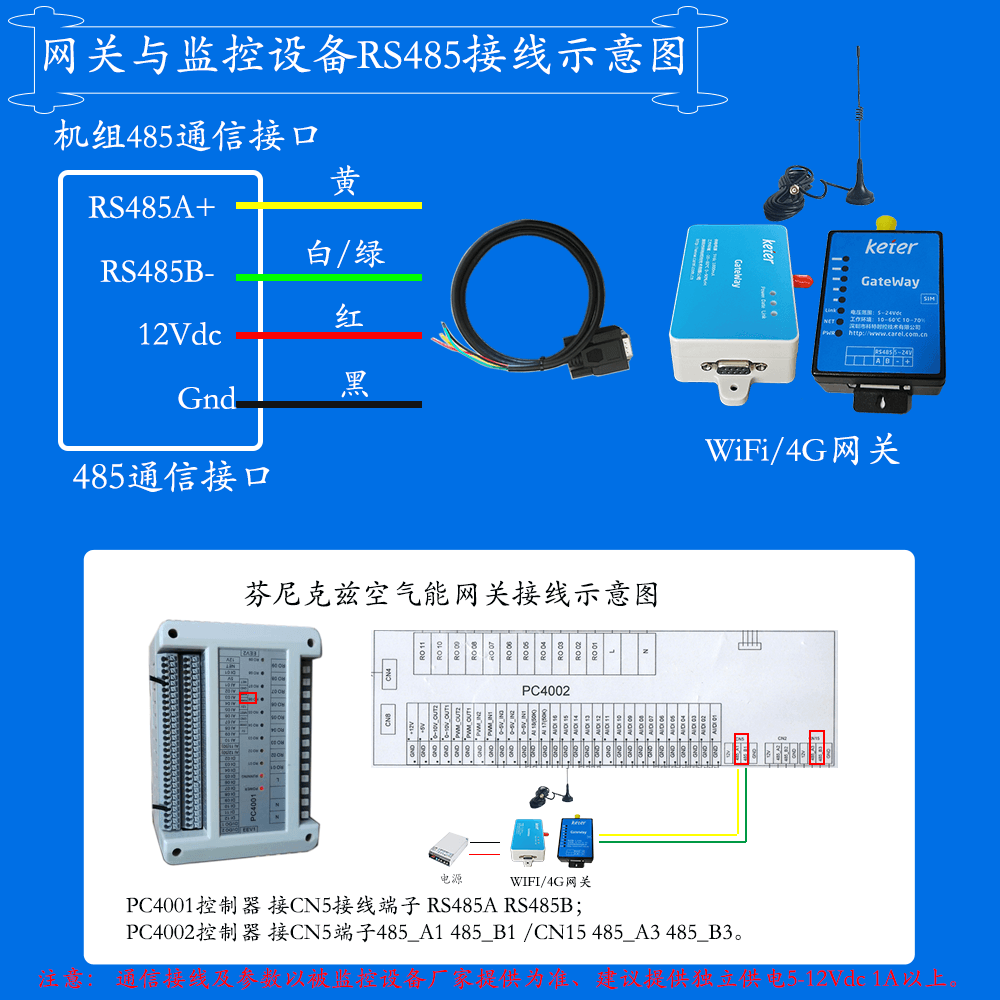 芬尼克兹两联供空气源热泵机组网关安装与接线说明图