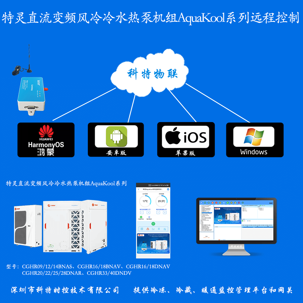 特灵直流变频风冷冷水热泵机组AquaKool系列手机APP+电脑集中远程控制