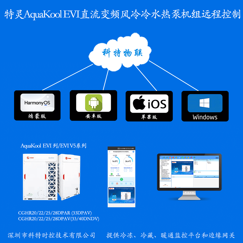 特灵直流变频风冷冷水热泵机组AquaKool-EVI系列手机APP+电脑集中远程控制